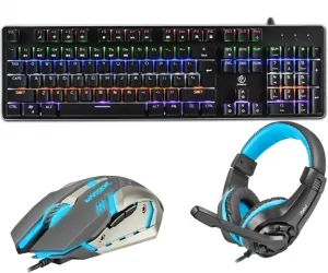 Klawiatura mechaniczna gamingowa podświetlana Rebeltec Imperator ALU + podświetlana mata + mysz + słuchawki dla graczy
