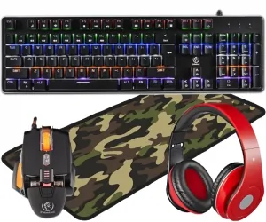 Aluminiowa mechaniczna klawiatura gamingowa dla graczy REBELTEC IMPERATOR z podświetleniem + mysz + mata + słuchawki