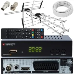 Cyfrowy zestaw telewizji naziemnej DVB-T tuner OPTICUM AX LION NS DVB-T2/C H.265 HEVC + antena kierunkowa VHF/UHF MUX8 ATD27S + kabel 10m