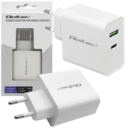 Ładowarka sieciowa Qoltec 42W 5-20V 2.4-3A USB-C PD + USB biała