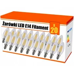 Zestaw 20x żarówka ozdobna LED filament E14 4W AC230V ciepło-biała