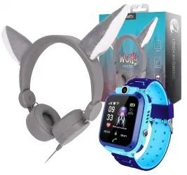 Zestaw dla dzieci zegarek smartwatch Q12 niebieski + słuchawki nauszne Setty Wolfy