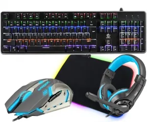Klawiatura mechaniczna gamingowa podświetlana Rebeltec Imperator ALU + podświetlana mata + mysz + słuchawki dla graczy