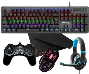 Mechaniczna klawiatura gamingowa dla graczy FURY TORNADO podświetlenie + mysz + mata + słuchawki + pad