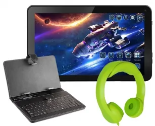 Tablet edukacyjny dla dzieci + słuchawki różowe + klawiatura