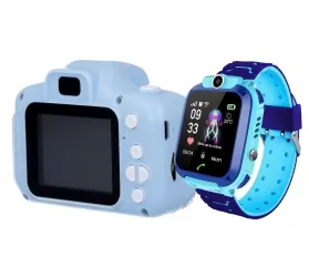 Zestaw dla dzieci kamera aparat Forever Smile SKC-100 + zegarek smartwatch Q12 niebieski