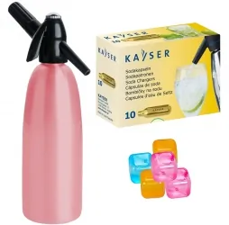 Saturator syfon do wody QUICK SODA różowy 1L + 10 naboi + 5 kostek lodu