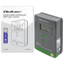 Solarny regulator ładowania MPPT z czujnikiem temperatury Qoltec 20A 12V/24V LCD 2x USB
