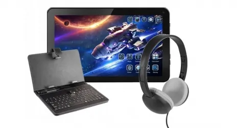 Tablet edukacyjny dla dzieci + słuchawki różowe + klawiatura