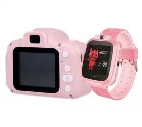 Zestaw dla dzieci kamera aparat Forever Smile SKC-100 + zegarek smartwatch Maxlife Kids Watch MXKW-300 różowy