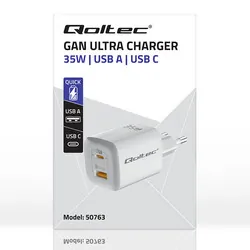 Ładowarka sieciowa Qoltec GaN ULTRA 35W 5-20V 2.25-3A USB-C PD   USB QC - biała