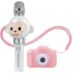 Zestaw dla dzieci mikrofon z głośnikiem bluetooth Forever Animal AMS-100 małpka biały   aparat fotograficzny różowy