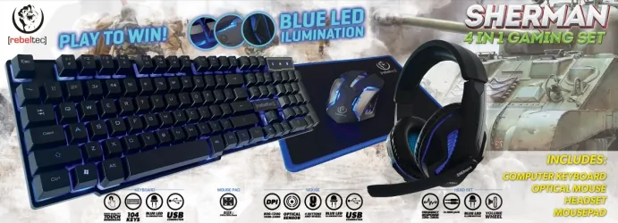 Zestaw dla graczy SHERMAN 4w1 klawiatura z podświetleniem LED + mysz + podkładka + słuchawki