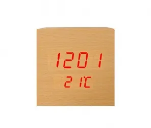 Budzik kostka LED z termometrem - kolor drewna