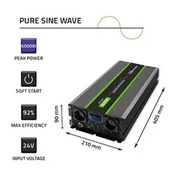 Przetwornica napięcia Qoltec Monolith 24V/230V 3000W/6000W USB LCD CZYSTY SINUS