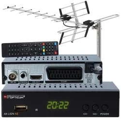Cyfrowy zestaw telewizji naziemnej DVB-T tuner OPTICUM AX LION NS DVB-T2/C H.265 HEVC + antena kierunkowa VHF/UHF MUX8 ATD31S