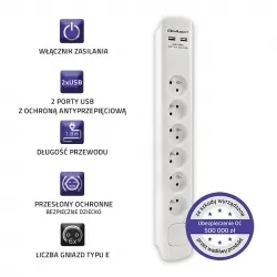 Listwa antyprzepięciowa Qoltec 2xUSB 6 gniazd z uziemieniem 1.8m biała