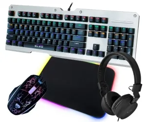 Klawiatura mechaniczna BLOW MECHANICAL RGB podświetlana metalowa + podświetlana mata + mysz + słuchawki