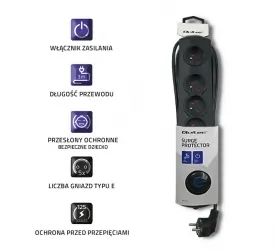 Listwa antyprzepięciowa Qoltec 5 gniazd z uziemieniem 3m czarna
