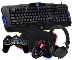 Podświetlana klawiatura dla graczy Rebeltec Legend LED blue metal + podświetlana mata na biurko + mysz + słuchawki + pad
