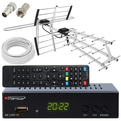 Cyfrowy zestaw telewizji naziemnej DVB-T tuner OPTICUM AX LION NS DVB-T2/C H.265 HEVC + antena kierunkowa VHF/UHF MUX8 ATD27S + kabel 10m