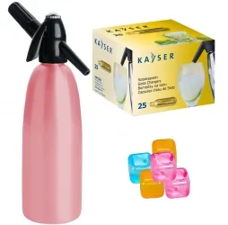 Saturator syfon do wody QUICK SODA różowy 1L + 25 naboi + 5 kostek lodu