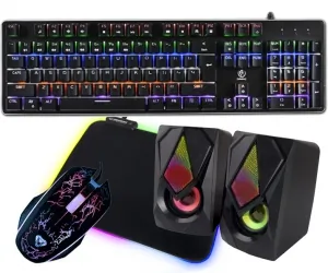 Aluminiowa mechaniczna klawiatura gamingowa dla graczy REBELTEC IMPERATOR z podświetleniem + mysz + mata LED + głośniki Boogie
