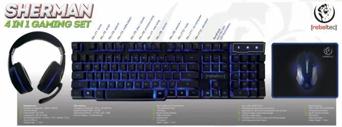 Zestaw dla graczy SHERMAN 4w1 klawiatura z podświetleniem LED + mysz + podkładka + słuchawki