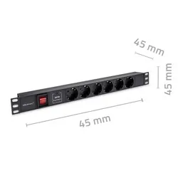 Aluminiowa listwa zasilająca PDU do szafy RACK 19'' 1U 16A 6xSCHUKO 1.8m