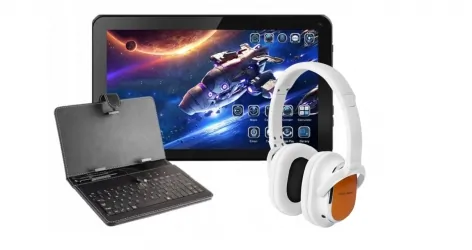 Tablet edukacyjny dla dzieci + regulowane słuchawki + klawiatura
