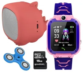 Zestaw dla dzieci zegarek smartwatch Q12 różowy + głośnik bluetooth Forever Willy ABS-200 + karta 16GB