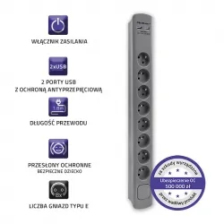 Listwa antyprzepięciowa Qoltec 2xUSB 8 gniazd z uziemieniem 1.8m szara