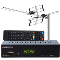 Cyfrowy zestaw telewizji naziemnej DVB-T tuner OPTICUM AX LION NS DVB-T2/C H.265 HEVC + antena kierunkowa VHF/UHF MUX8 ATD31S