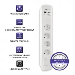 Listwa antyprzepięciowa Qoltec 2xUSB 4 gniazda z uziemieniem 1.8m biała