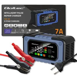 Inteligentna mikroprocesorowa ładowarka do akumulatorów prostownik Qoltec z funkcją naprawy 12V 7A LED 4 tryby LifePO4 AGM