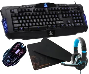 Podświetlana klawiatura dla graczy Rebeltec Legend LED blue metal + mata na biurko + mysz + słuchawki + pad