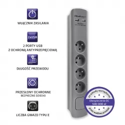 Listwa antyprzepięciowa Qoltec 2xUSB 4 gniazda z uziemieniem 1.8m szara