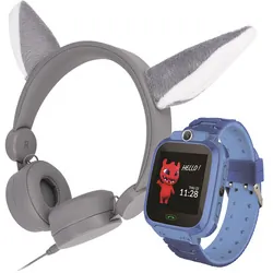 Zestaw dla dzieci zegarek smartwatch Maxlife Kids Watch MXKW-300 niebieski   słuchawki nauszne Setty Wolfy