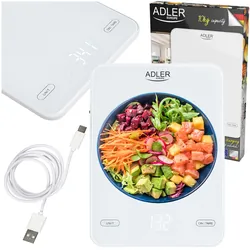 Elektroniczna waga kuchenna szklana Adler AD 3177b do 10 kg ładowana przez USB - biała