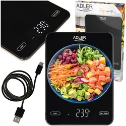 Elektroniczna waga kuchenna szklana Adler AD 3177b do 10 kg ładowana przez USB - czarna