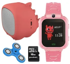Zestaw dla dzieci zegarek smartwatch Maxlife Kids Watch MXKW-300 różowy + głośnik bluetooth Forever Willy ABS-200 + karta 16GB