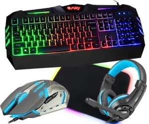Klawiatura gamingowa podświetlana dla graczy FURY SPITFIRE + podświetlana mata + mysz + słuchawki