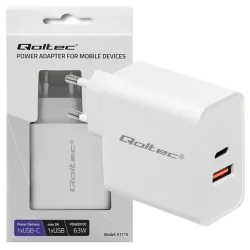 Ładowarka sieciowa Qoltec 63W 5-20V 1.5-3A USB-C PD + USB QC 3.0 biała