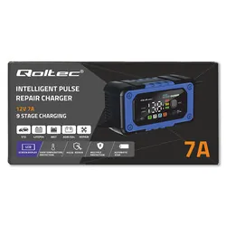 Inteligentna mikroprocesorowa ładowarka do akumulatorów prostownik Qoltec z funkcją naprawy 12V 7A LED 4 tryby LifePO4 AGM
