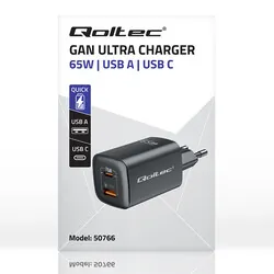 Ładowarka sieciowa Qoltec GaN ULTRA 65W 5-20V 2.25-3.25A USB-C PD   USB QC - czarna