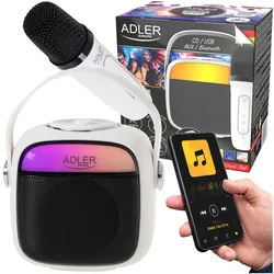 Głośnik przenośny do karaoke z mikrofonem bezprzewodowym  Adler AD 1199 SD USB AUX Bluetooth - biały