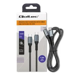 Kabel USB-C/USB-C 100W QC 3.0 PD Qoltec 1,5m oplot - czarny