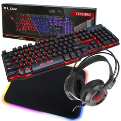 Klawiatura Gamingowa podświetlana LED BLOW Adrenaline CERBERUS   podświetlana mata   słuchawki BLOW CERBERUS