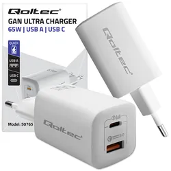 Ładowarka sieciowa Qoltec GaN ULTRA 65W 5-20V 2.25-3.25A USB-C PD   USB QC - biała
