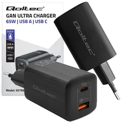 Ładowarka sieciowa Qoltec GaN ULTRA 65W 5-20V 2.25-3.25A USB-C PD   USB QC - czarna
